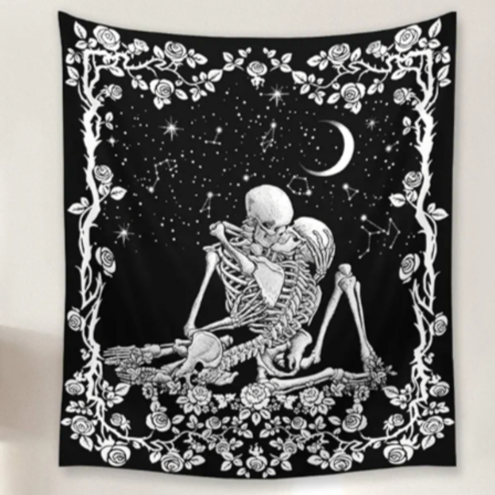 XL Skeleton Kissing Lovers Black Wall Tapestry Love Death Skeletons Kiss New